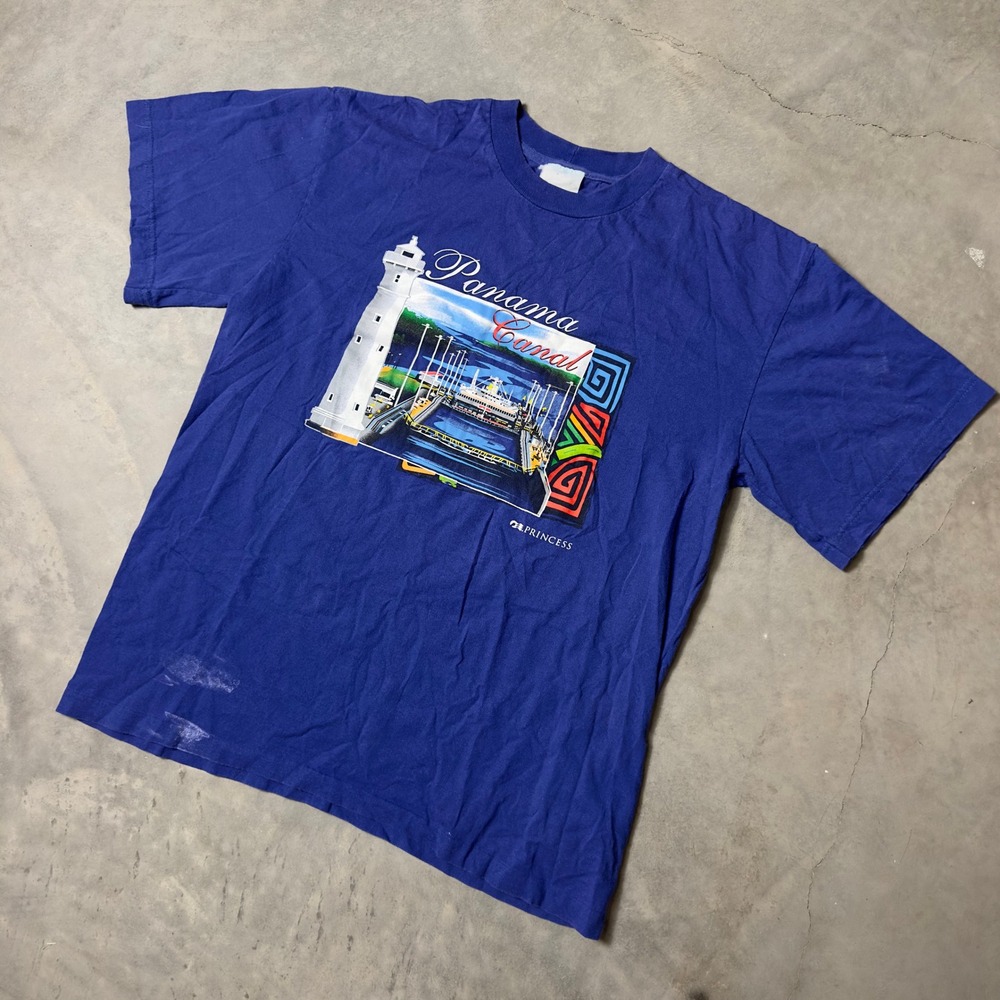 Vintage Princess Cruises Panama Canal T Shirt Men Large Blue Souvenir 90s Travel